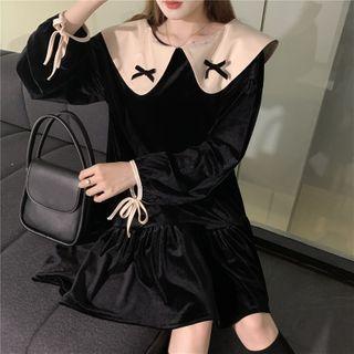 Contrast Collar Bow Mini A-line Dress Black - One Size
