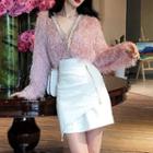 V-neck Furry Long-sleeve Top / Faux-leather A-line Skirt