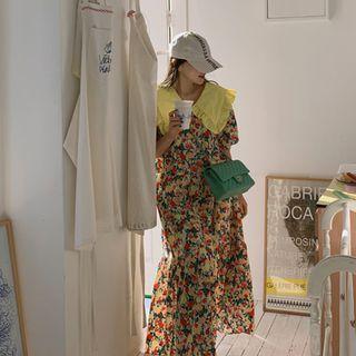 Frilled Wide-collar Maxi Floral Dress