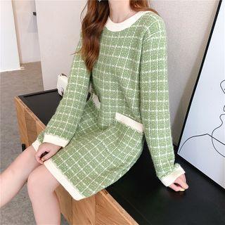 Plaid Long-sleeve Knit Midi Dress