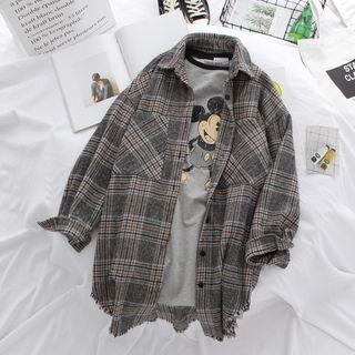 Long-sleeve Plaid Shirt Gray - One Size
