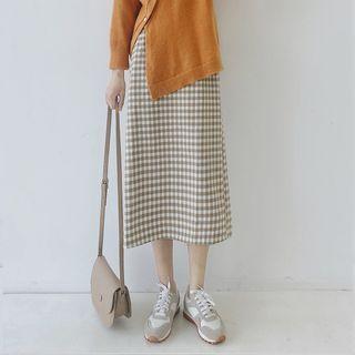 Plaid Midi A-line Skirt Gingham - Light Coffee & White - One Size