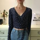 Long-sleeve Floral Tie-strap Cropped T-shirt