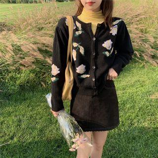 Floral Embroidered Knit Cardigan Black - One Size