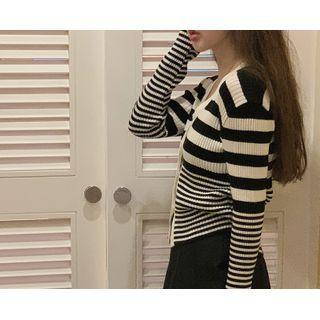 V-neck Stripe Rib-knit Cardigan One Size