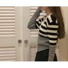 V-neck Stripe Rib-knit Cardigan One Size