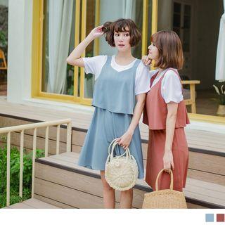Mock Two Piece Short Sleeve Two Tone Dress