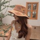 Foldable Embroidered Flower Straw Sun Hat Khaki - One Size