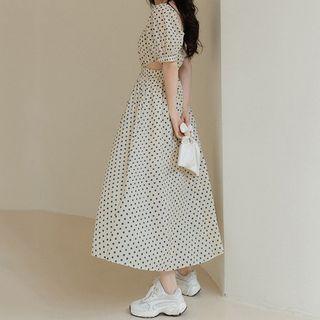 Square-neck Cut-out Short-sleeve Dotted Dress