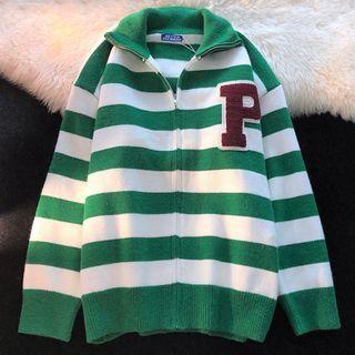 Stand Collar Lettering Striped Zip-up Cardigan