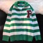 Stand Collar Lettering Striped Zip-up Cardigan