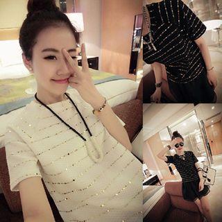 Sequined Stripe Short-sleeve T-shirt