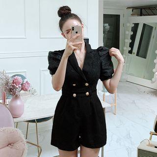 Puff-sleeve Double Breasted V-neck Playsuit
