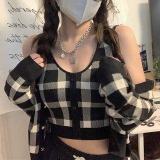 Plaid Cropped Tank Top / Cardigan / Set