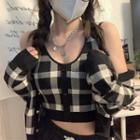 Plaid Cropped Tank Top / Cardigan / Set