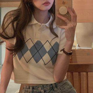 Short-sleeve Argyle Collared T-shirt Argyle - Blue & White - One Size