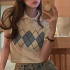 Short-sleeve Argyle Collared T-shirt Argyle - Blue & White - One Size