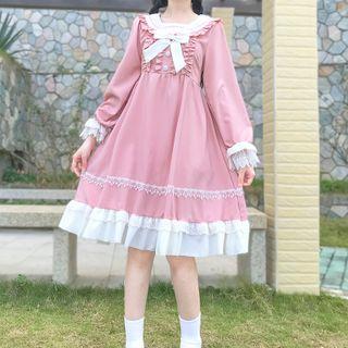 Ruffled Ribbon Long-sleeve A-line Dress