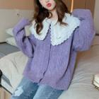 Crew-neck Cable-knit Cardigan Light Purple - One Size