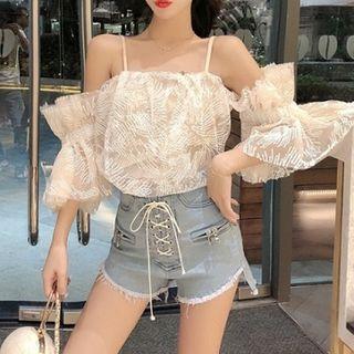 3/4-sleeve Embroidered Mesh Cold Shoulder Top / Frayed Hem Lace-up Denim Shorts