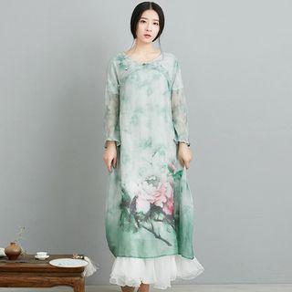 Long-sleeve Floral Print Midi Organza Dress