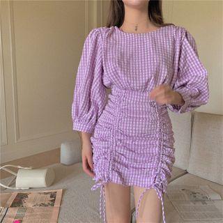 Plaid 3/4-sleeve Sheath Dress As Shown In Figure - One Size