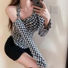 Irregular Cold-shoulder Gingham T-shirt