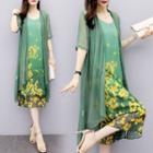Set: Floral Sleeveless Midi Chiffon Dress + Light Jacket