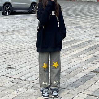Star Print Washed Straight Leg Jeans