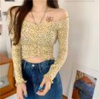 Camisole Top / Floral Print Shirred Long-sleeve Cropped T-shirt
