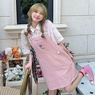 Short-sleeve Floral Print Shirt / Floral Embroidered Overall Dress