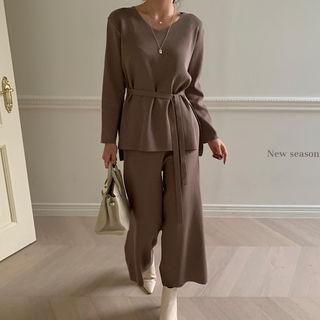 Tie-waist Top & Wide-leg Pants Knit Set
