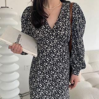 V-neck Puff-sleeve Floral Maxi Dress