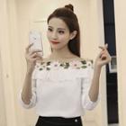 Flower Applique Off Shoulder 3/4 Sleeve Top