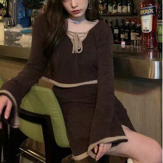 Set: Bell-sleeve Lace-up Knit Top + Knit Skirt Set Of 2 - Top & Skirt - Coffee - One Size