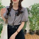 Crew-neck Two Tone Button-up Puff-sleeve Blouse