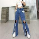 Zip-accent Cutout Wide Leg Jeans