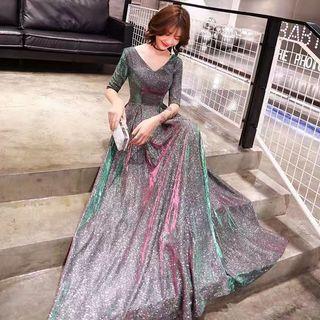 Elbow-sleeve Glitter A-line Gown