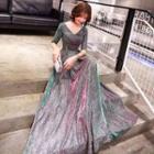 Elbow-sleeve Glitter A-line Gown