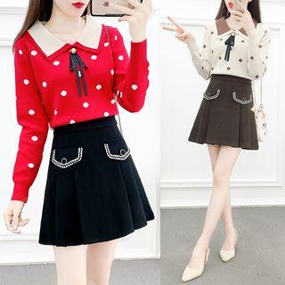 Set: Contrast Collared Dotted Knit Top + Pleated Skirt