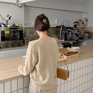 V-neck Drop-shoulder Knit Top Beige - One Size