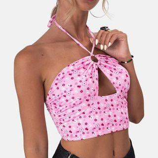 Floral Print Cut-out Halter Crop Top