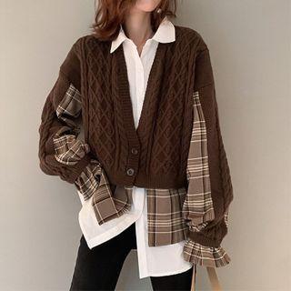 Set: Plaid Panel Cable Knit Cardigan + Sleeveless Plaid Panel Shirt
