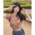 Short-sleeve Crop Knit Top Yellow & Red - One Size