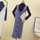 Set: Mock Neck Long-sleeve Knit Top + Knit Midi Jumper Dress