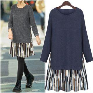 Mock Two Piece Printed Hem Long Sleeve Dress