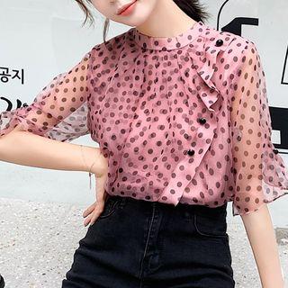 Elbow-sleeve Polka Dot Asymmetric Chiffon Blouse