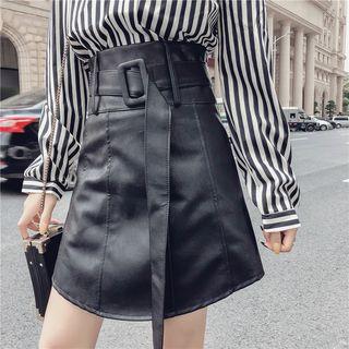 Faux Leather Belted A-line Skirt