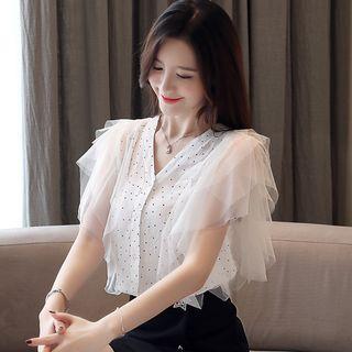 Short-sleeve Ruffled Mesh Paneled Polka Dot Chiffon Top