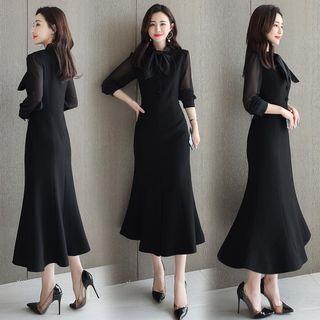 Long-sleeve Tie-neck Ruffle Hem Midi A-line Dress
